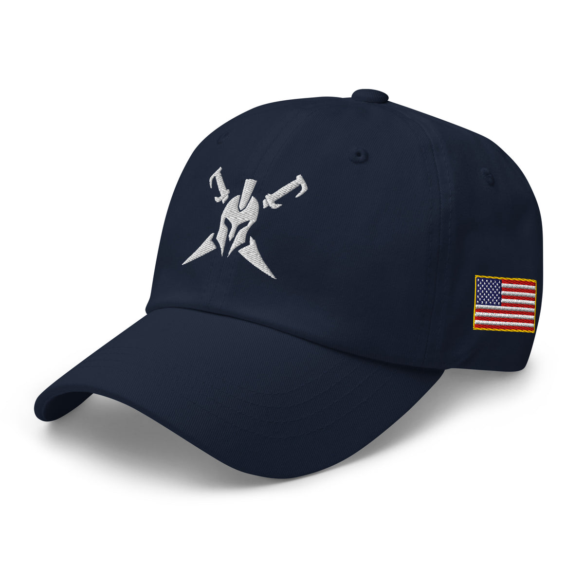 Navy, dad hat, with embroidered Call to Arms, left front view