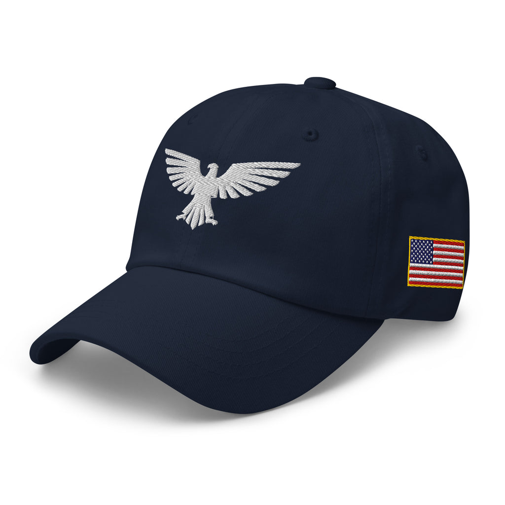 Navy, dad hat, with embroidered patriotic eagle crest, left front view