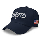Navy dad hat with embroidered FAFO Power design, left front view