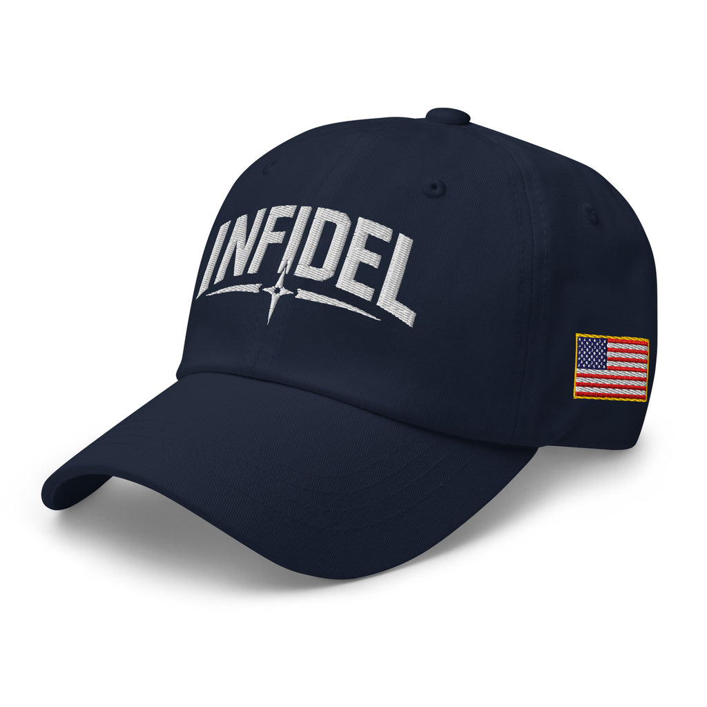 Navy dad hat with embroidered Infidel Spike design, left front view