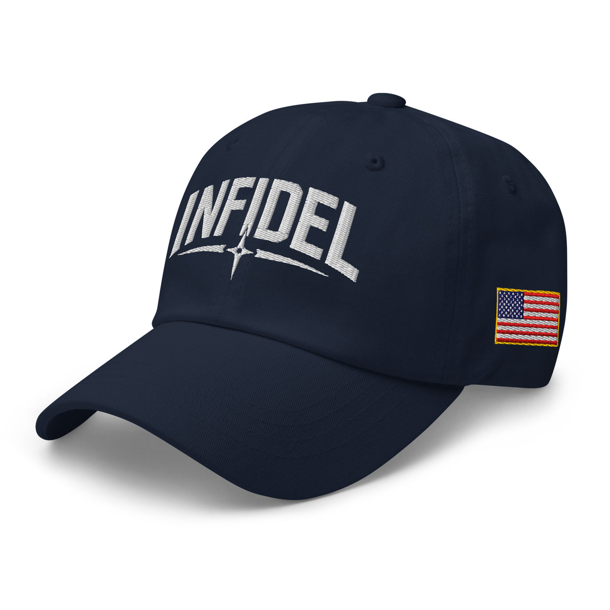Navy dad hat with embroidered Infidel Spike design, left front view