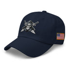 Navy dad hat with embroidered Only Fear Infidel reaper design, left front view