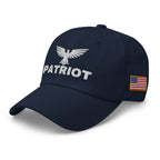 Navy dad hat with embroidered Patriot Eagle design, left front view