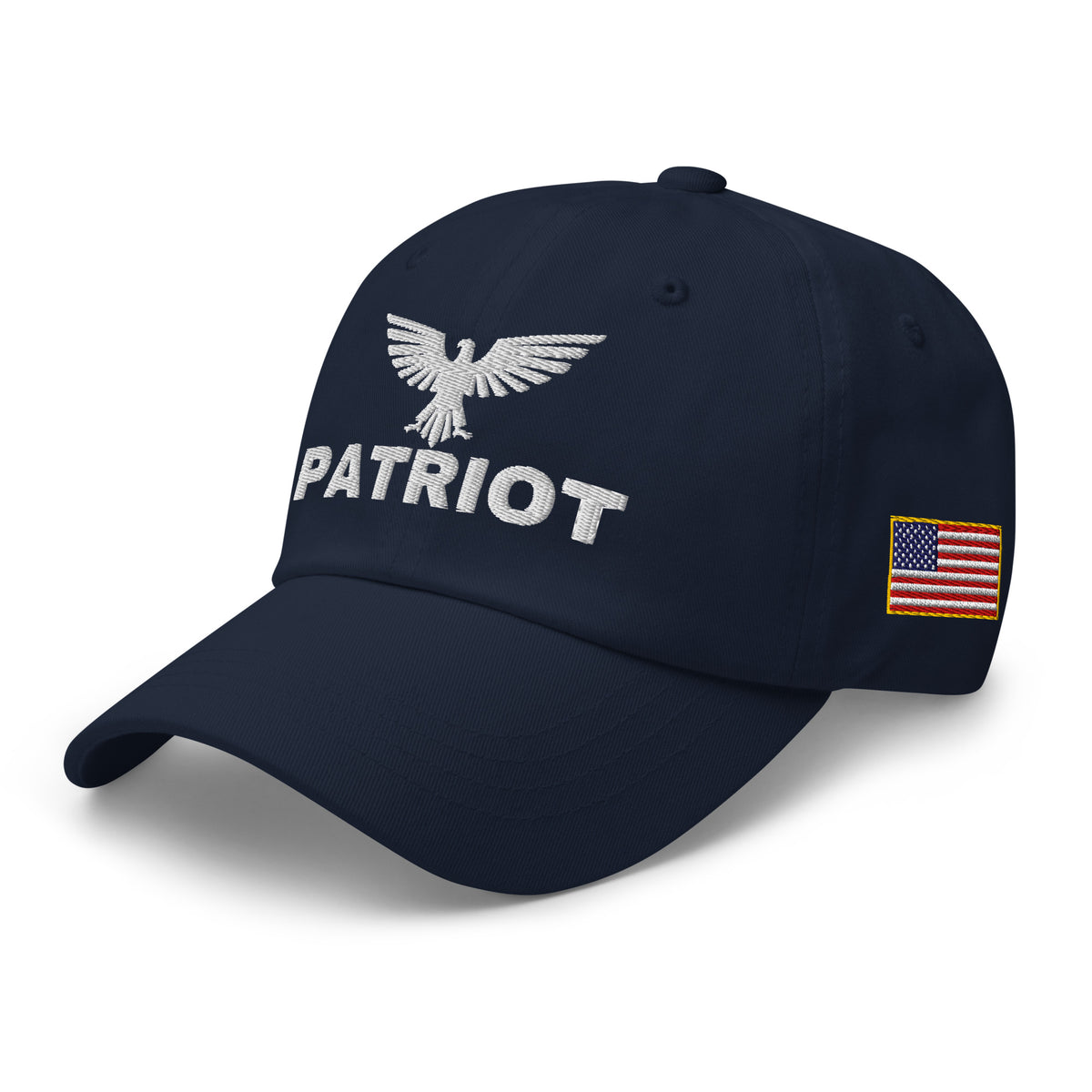 Navy dad hat with embroidered Patriot Eagle design, left front view