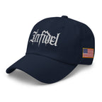 Navy dad hat with embroidered Infidel Script design, left front view