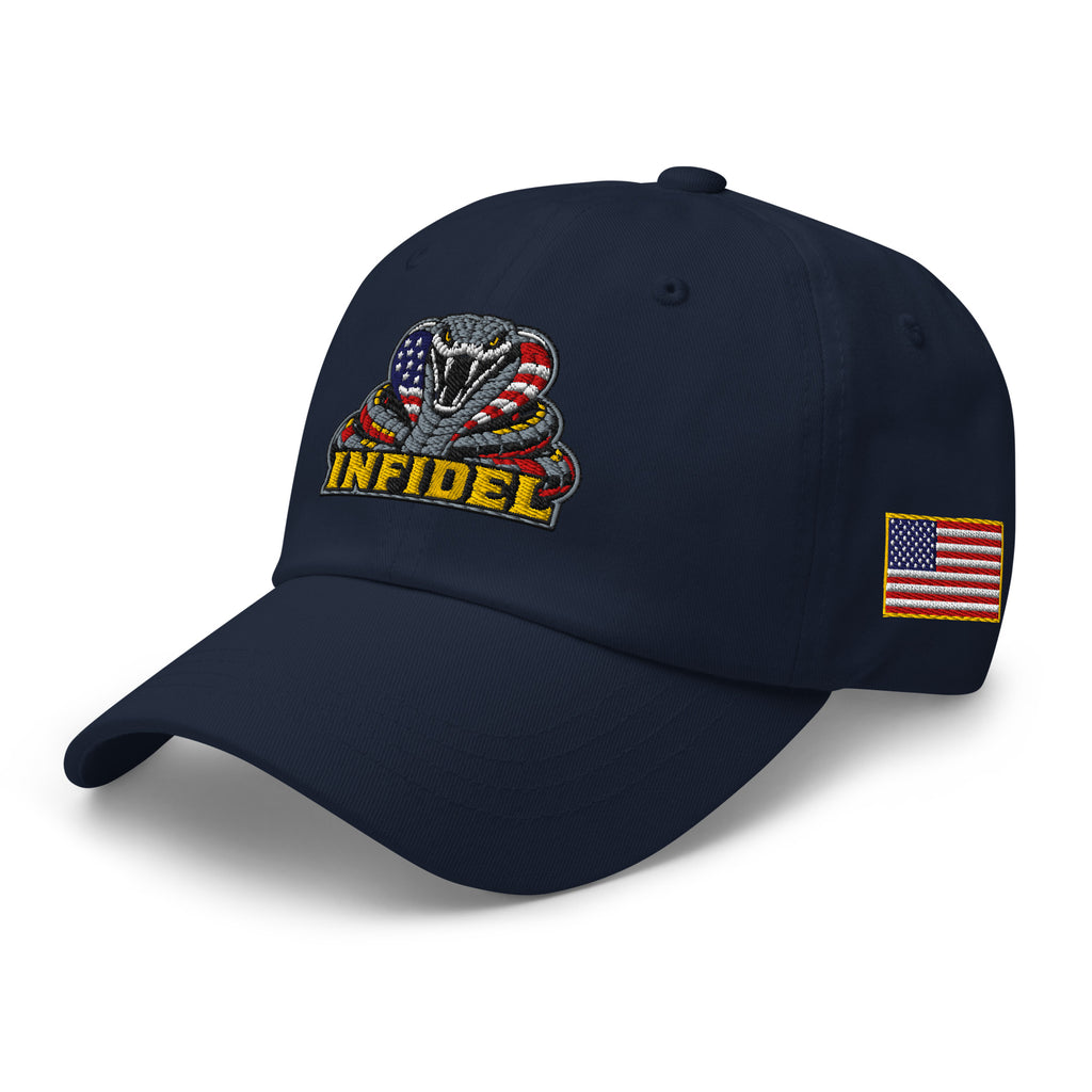 Navy low-profile dad hat with embroidered INFIDEL USA Flag Cobra design, left front view