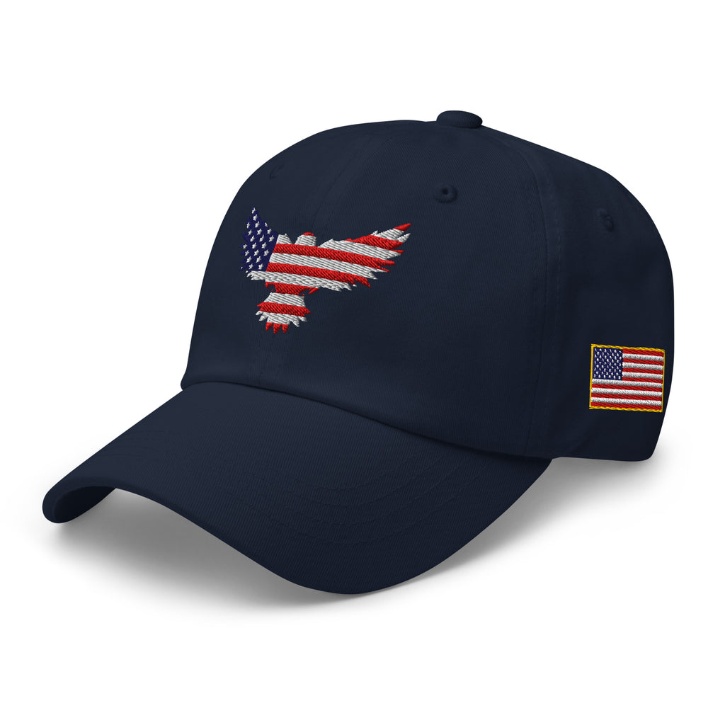 Navy low-profile dad hat with embroidered Old Glory Eagle design, left front view