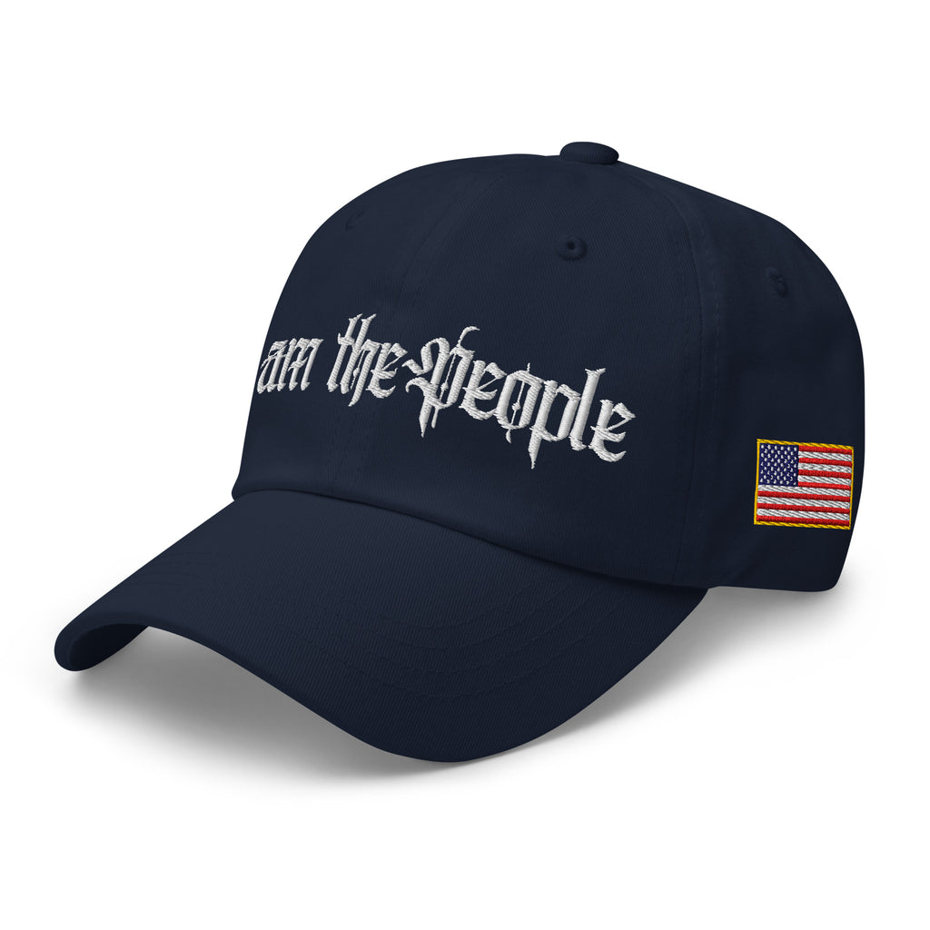 Navy low-profile dad hat with embroidered I Am the People design, left front view