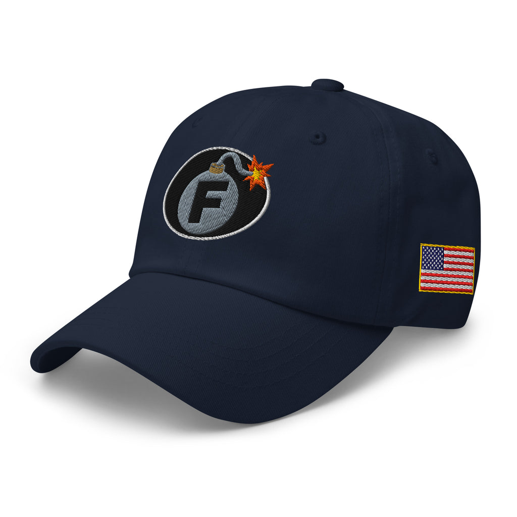 Navy low-profile dad hat with embroidered F-Bomb design, left front view