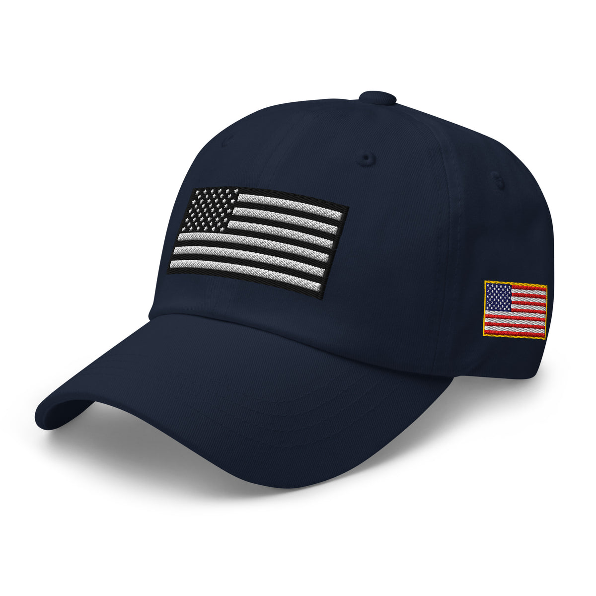 Navy dad hat, left front view with Black and White American Flag embroidery