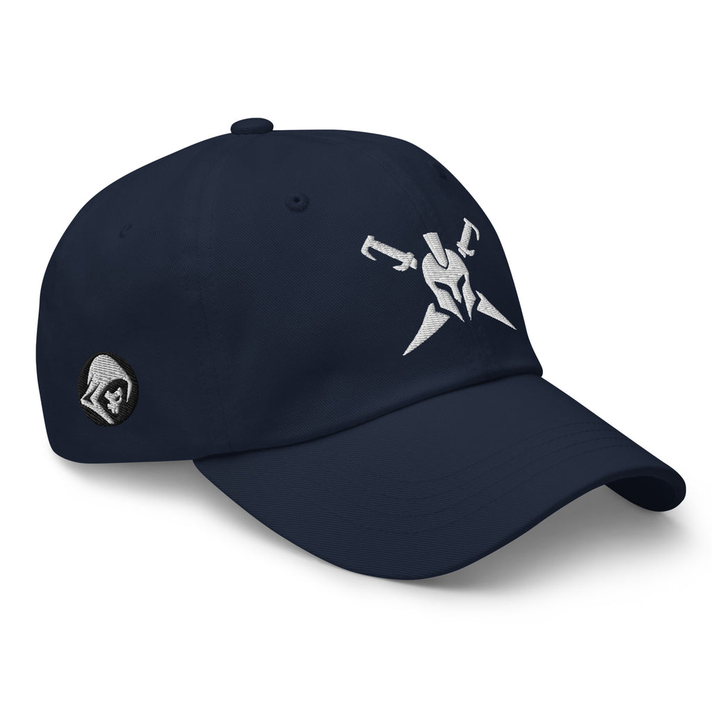 Navy, dad hat, with embroidered Call to Arms, right front view