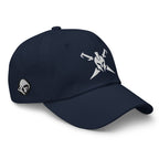 Navy, dad hat, with embroidered Call to Arms, right front view