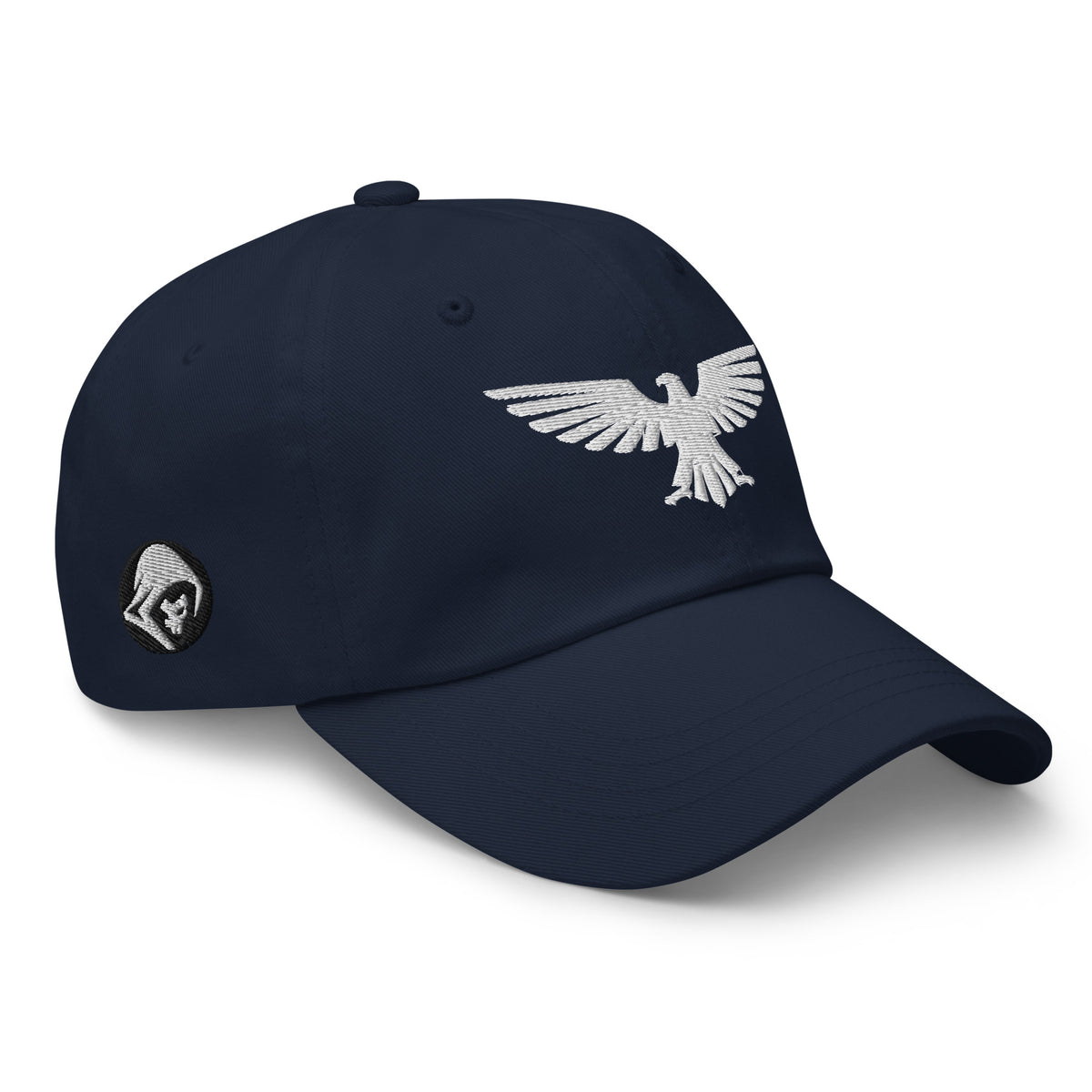 Navy, dad hat, with embroidered patriotic eagle crest, right front view