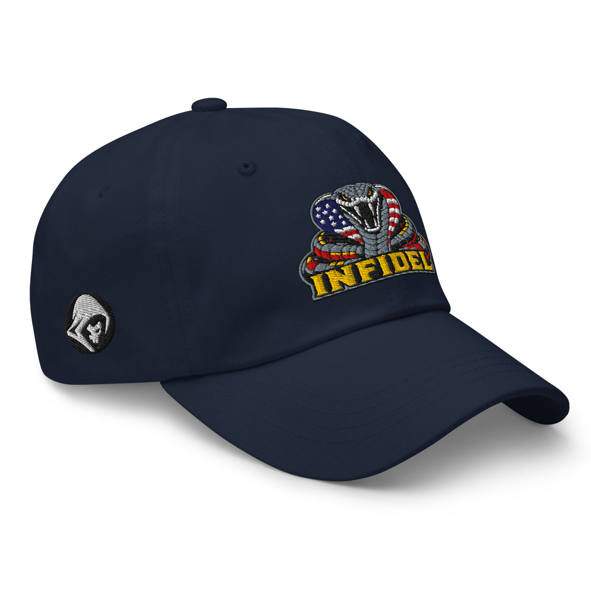 Navy low-profile dad hat with embroidered INFIDEL USA Flag Cobra design, right front view