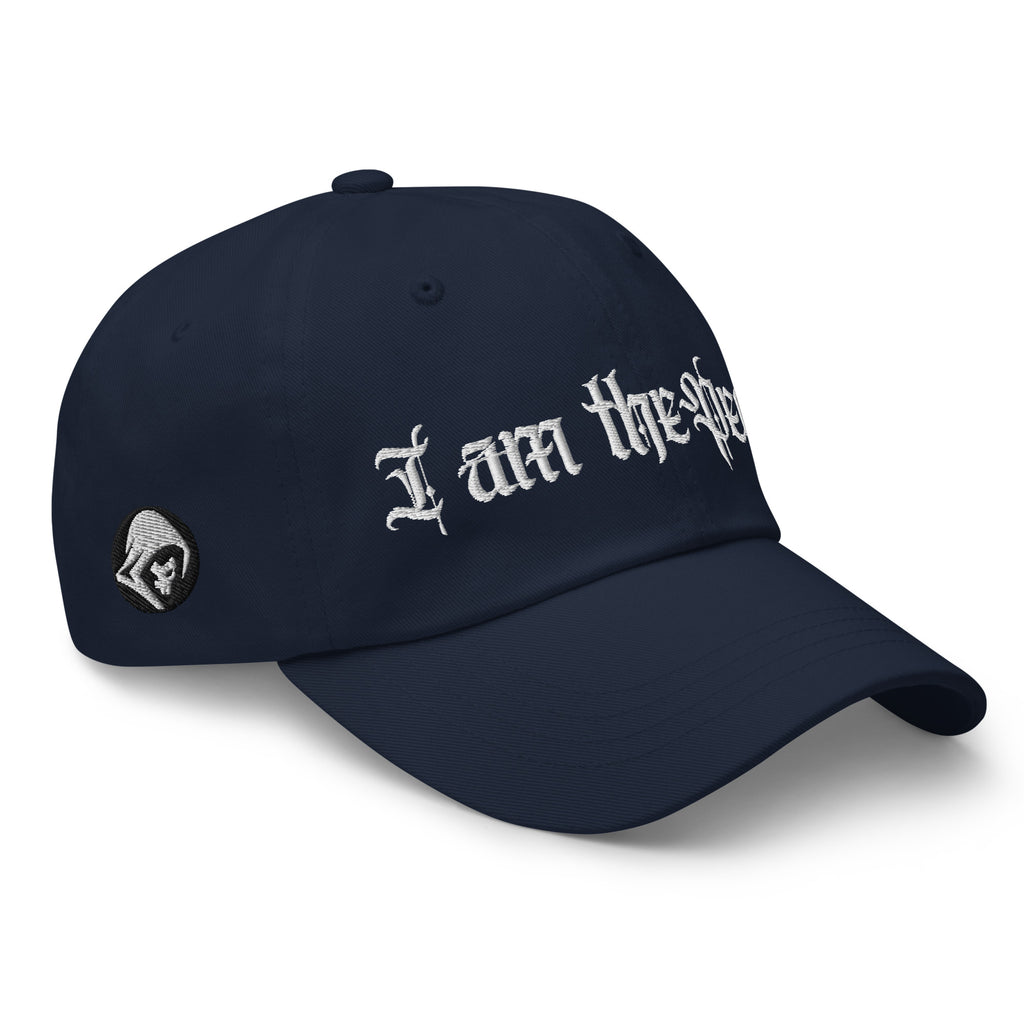 Navy low-profile dad hat with embroidered I Am the People design, right front view