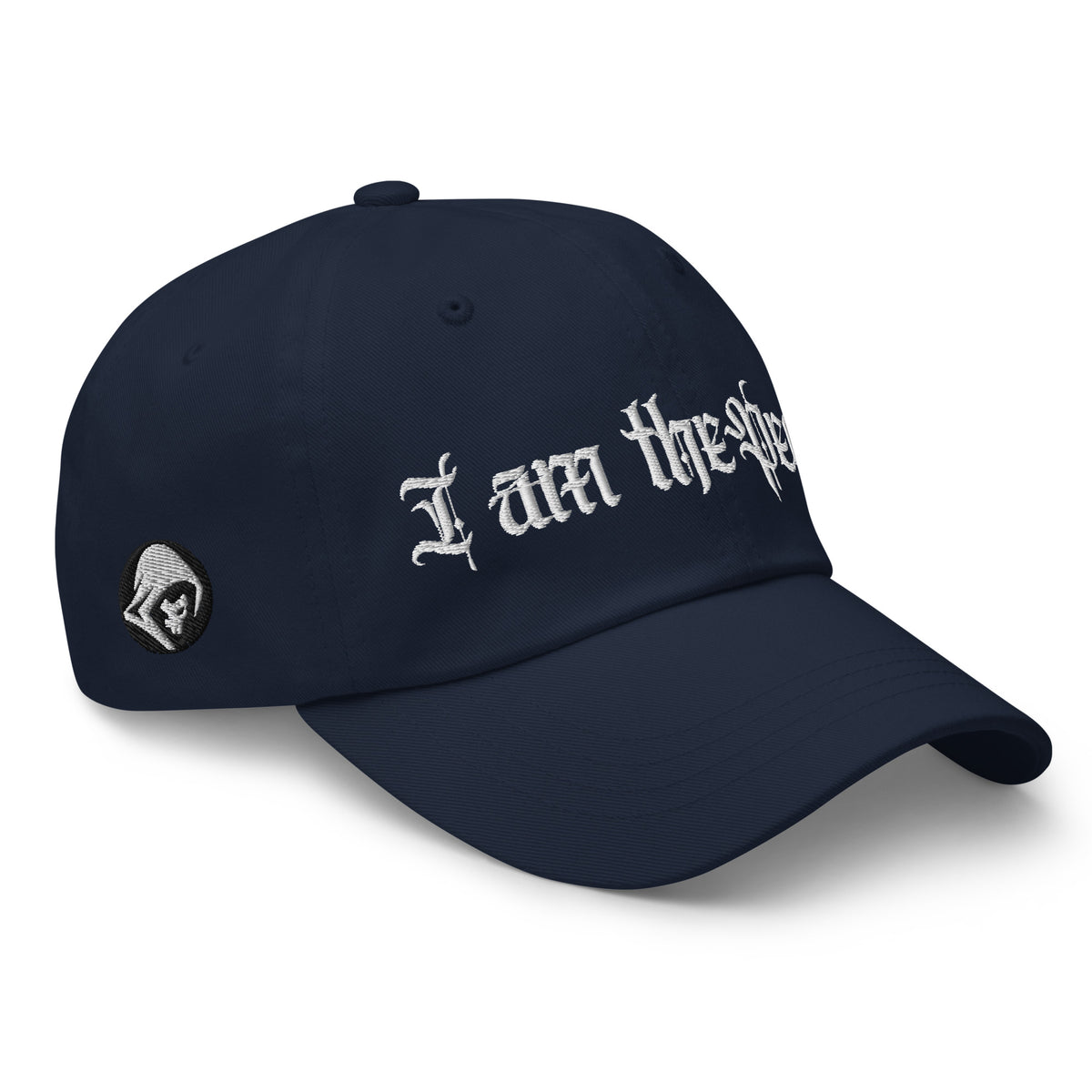 Navy low-profile dad hat with embroidered I Am the People design, right front view
