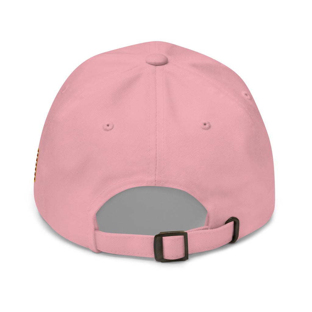 Pink dad hat with embroidered FAFO Power design, back view