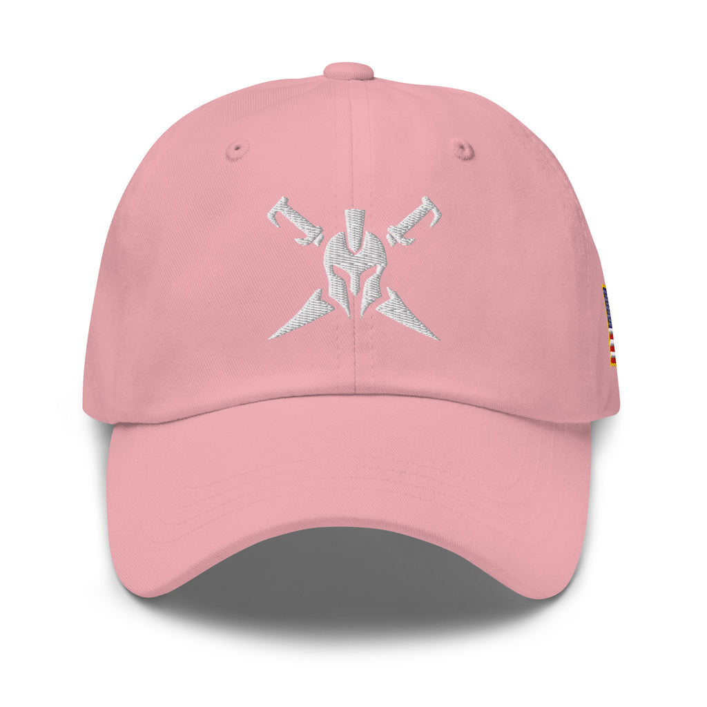 Pink, dad hat, with embroidered Call to Arms, front view