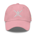 Pink, dad hat, with embroidered Call to Arms, front view