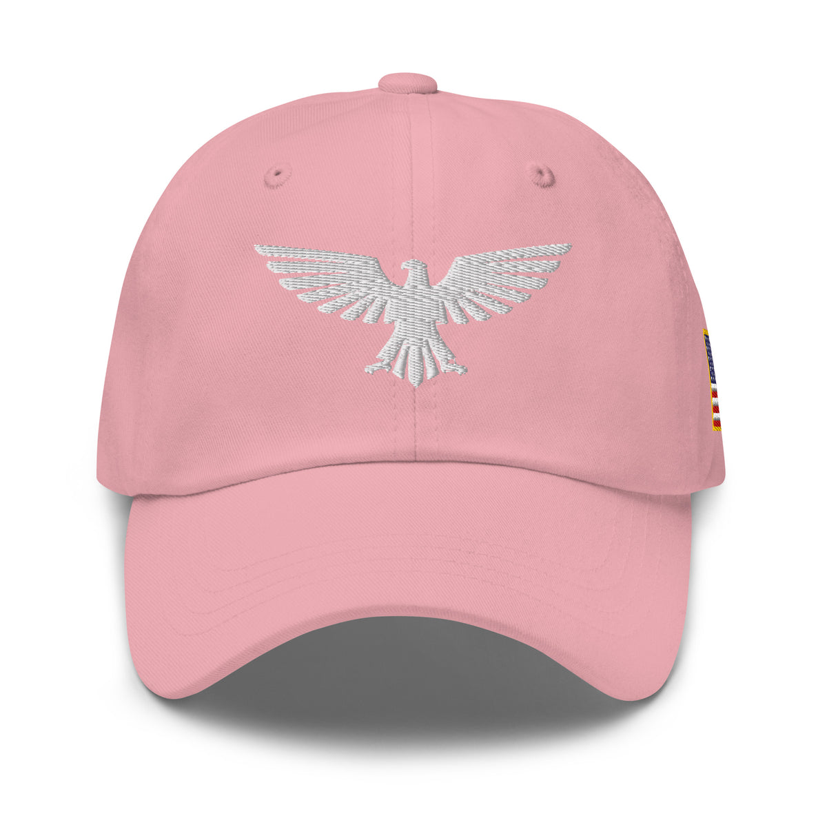Pink, dad hat, with embroidered patriotic eagle crest, front view