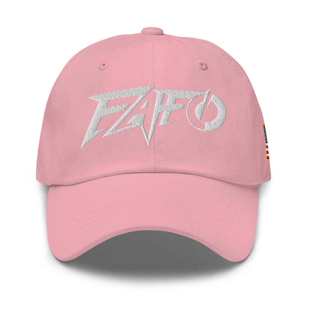 Pink dad hat with embroidered FAFO Power design, front view