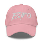Pink dad hat with embroidered FAFO Power design, front view