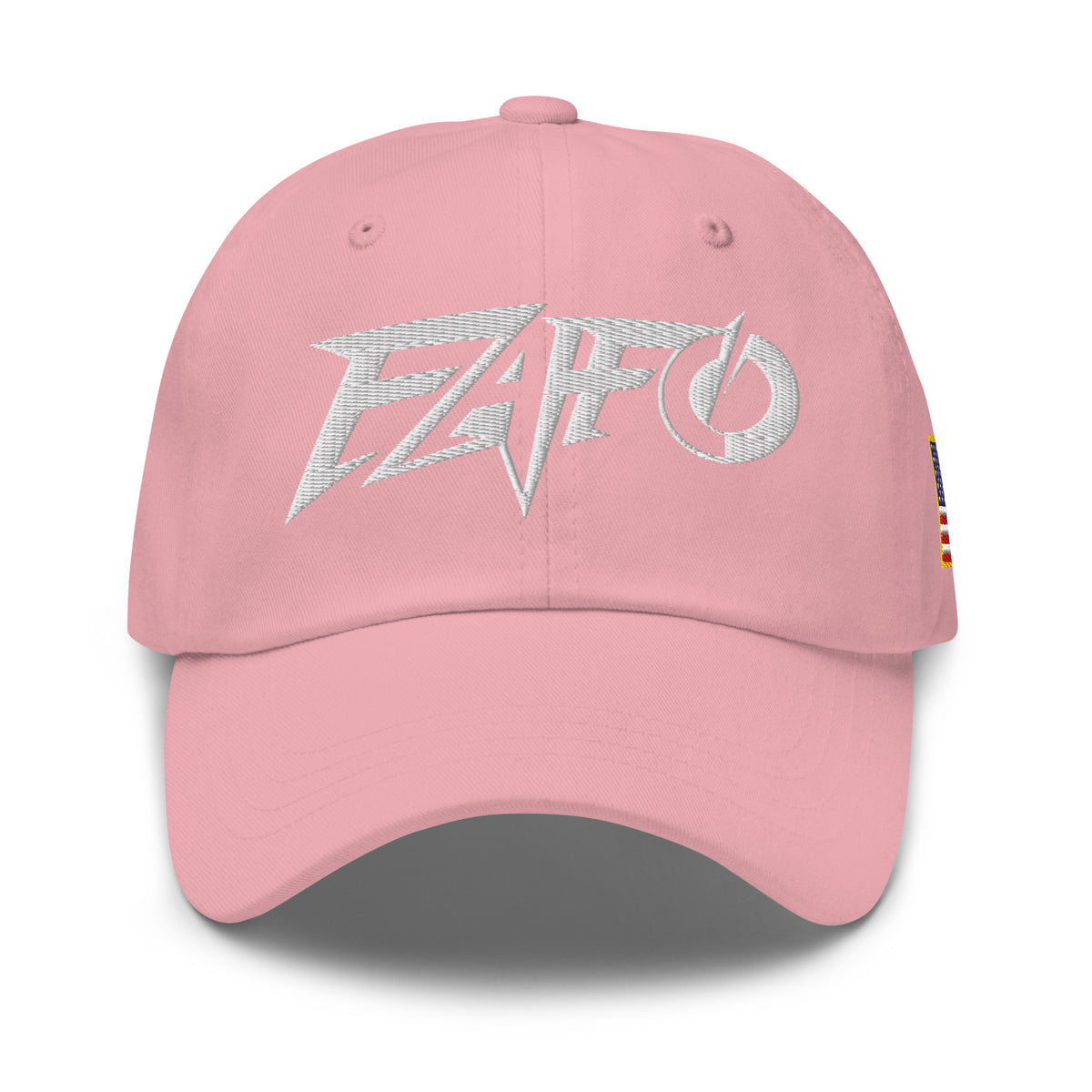 Pink dad hat with embroidered FAFO Power design, front view
