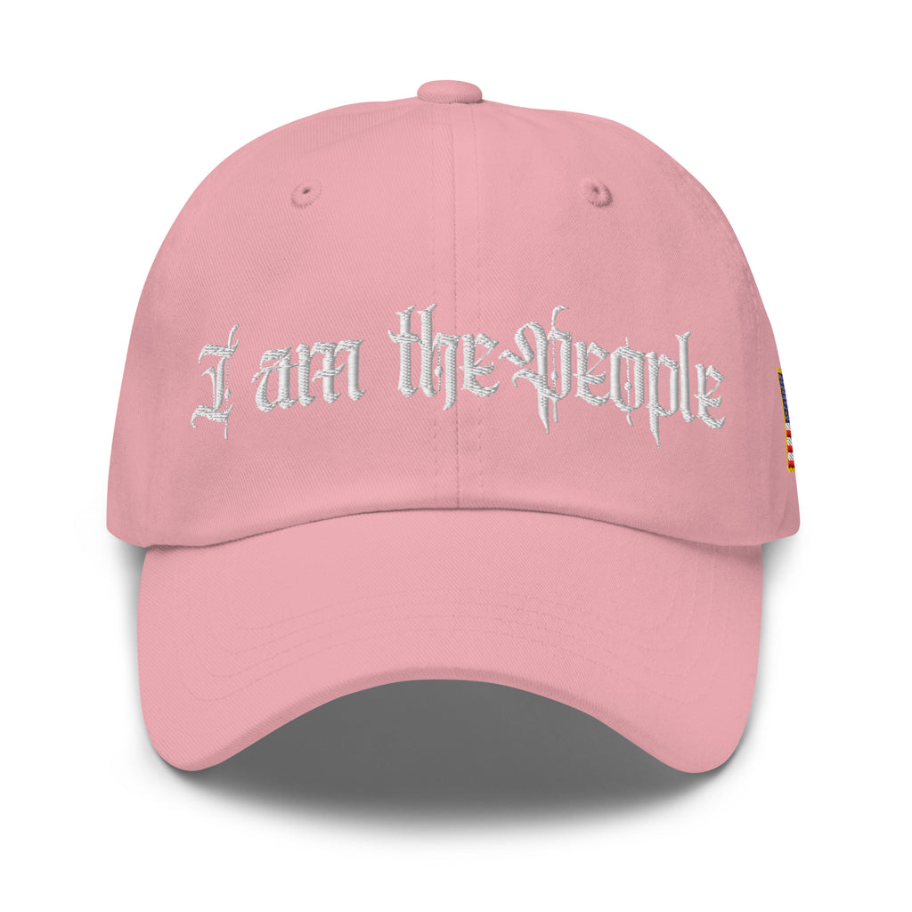 Pink low-profile dad hat with embroidered I Am the People front design, front view