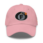Pink low-profile dad hat with embroidered F-Bomb front design, front view