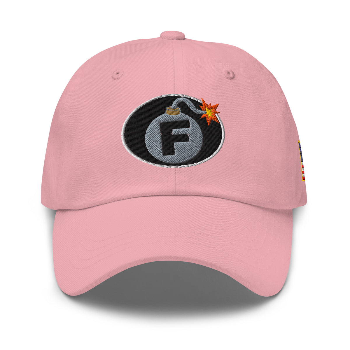 Pink low-profile dad hat with embroidered F-Bomb front design, front view