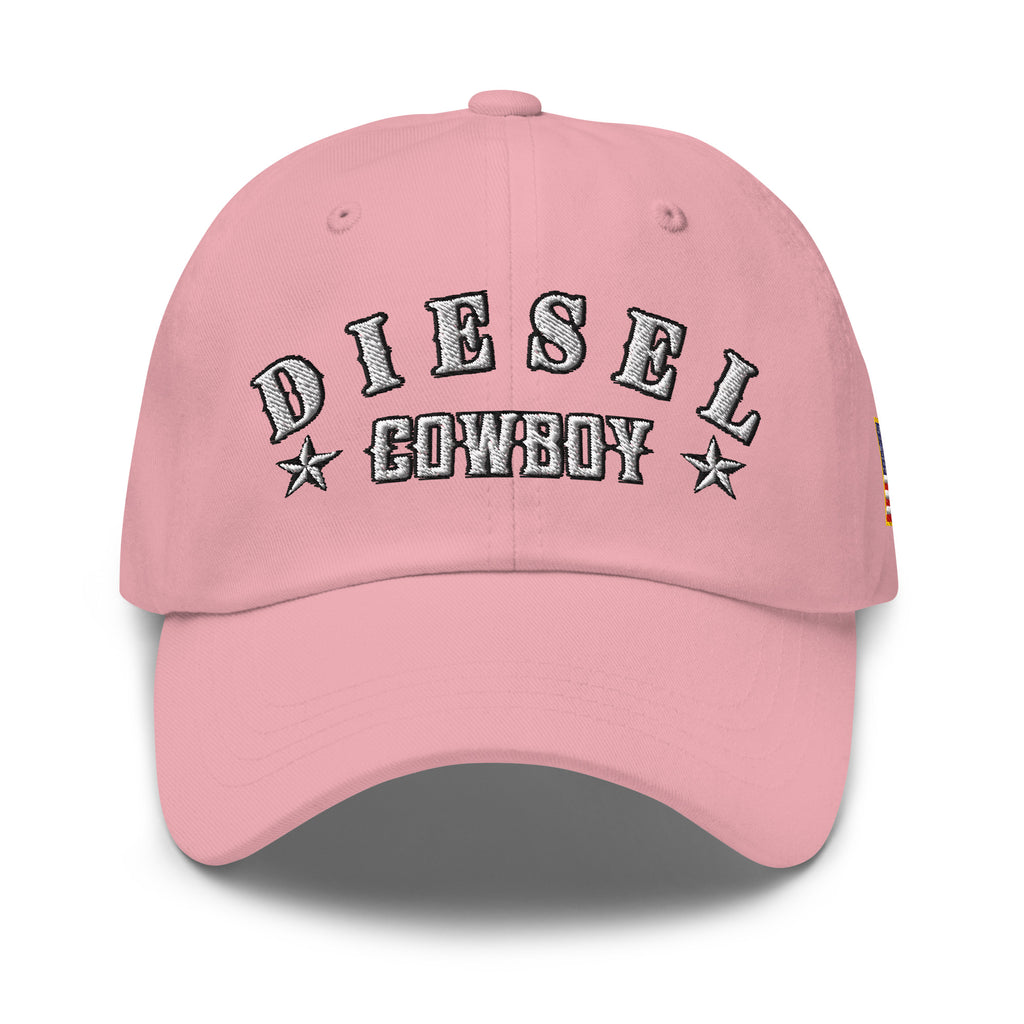 Pink low-profile dad hat with embroidered Diesel Cowboy front design, front view