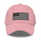 Pink dad hat, front view with Black and White American Flag embroidery