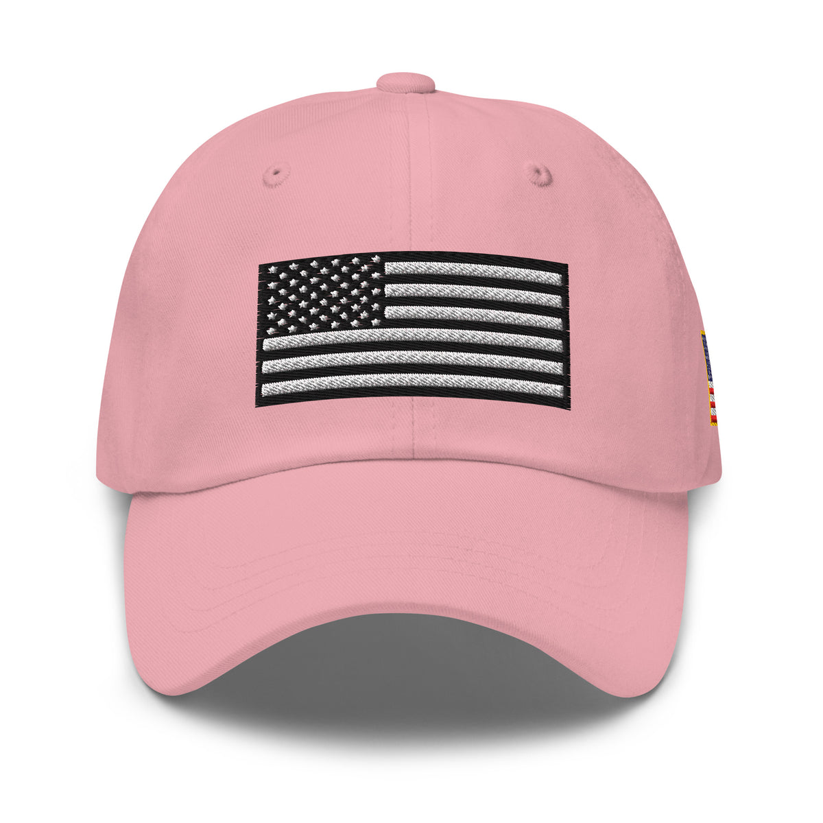 Pink dad hat, front view with Black and White American Flag embroidery