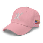 Pink, dad hat, with embroidered Call to Arms, left front view