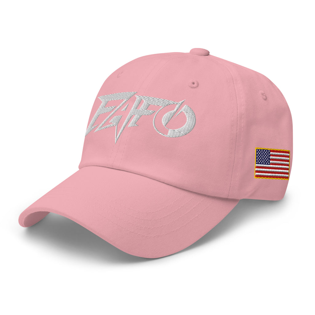 Pink dad hat with embroidered FAFO Power design, left front view