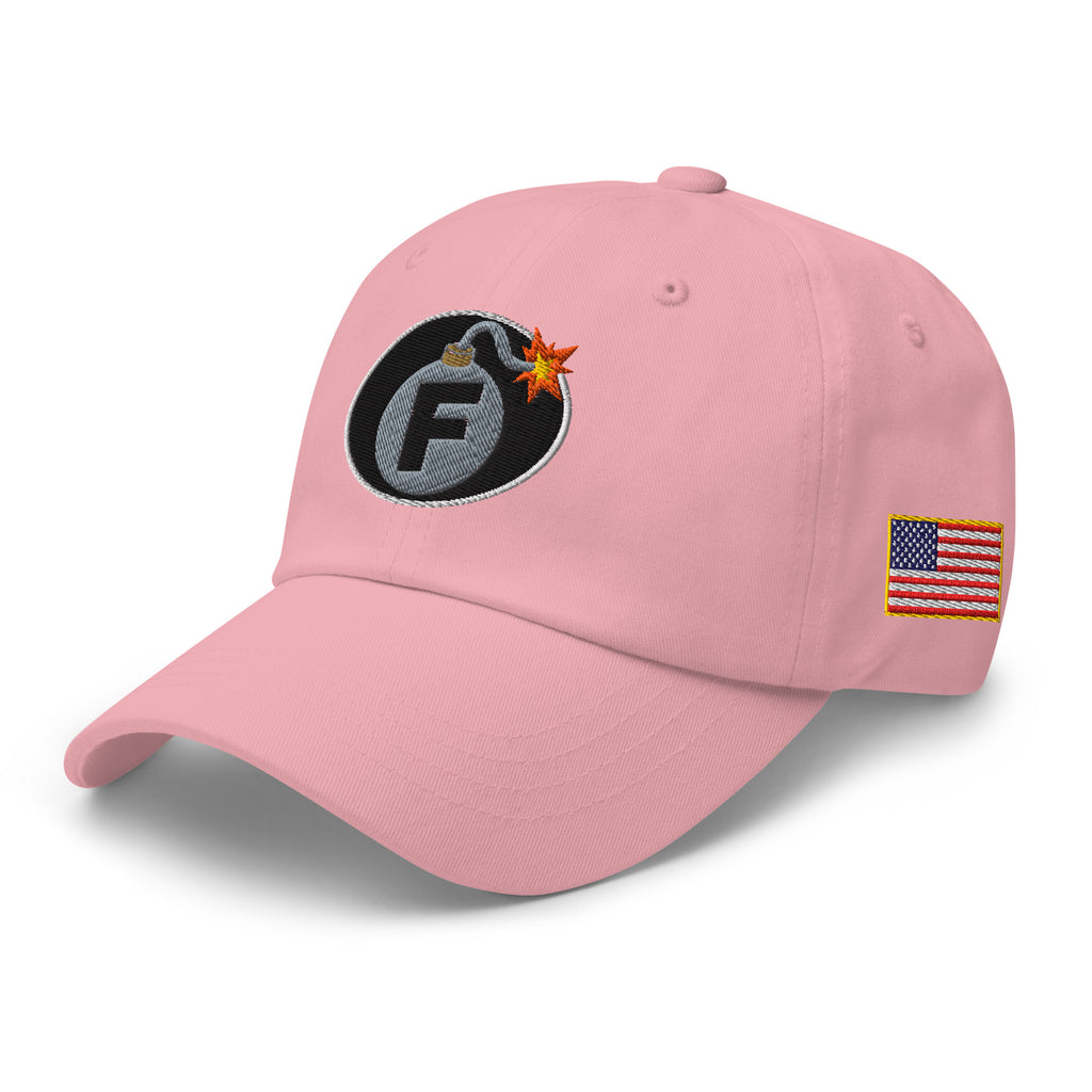 Pink low-profile dad hat with embroidered F-Bomb design, left front view