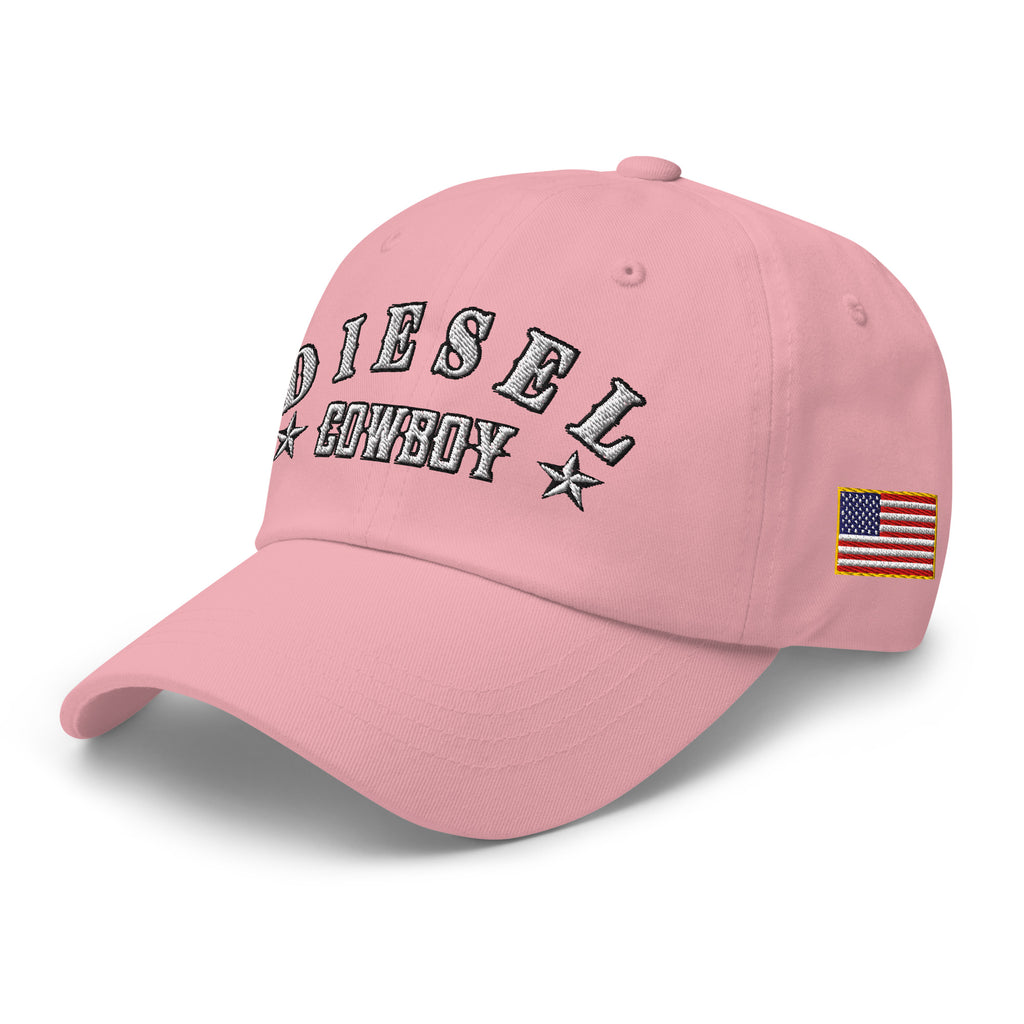 Pink low-profile dad hat with embroidered Diesel Cowboy design, left front view
