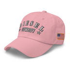 Pink low-profile dad hat with embroidered Diesel Cowboy design, left front view
