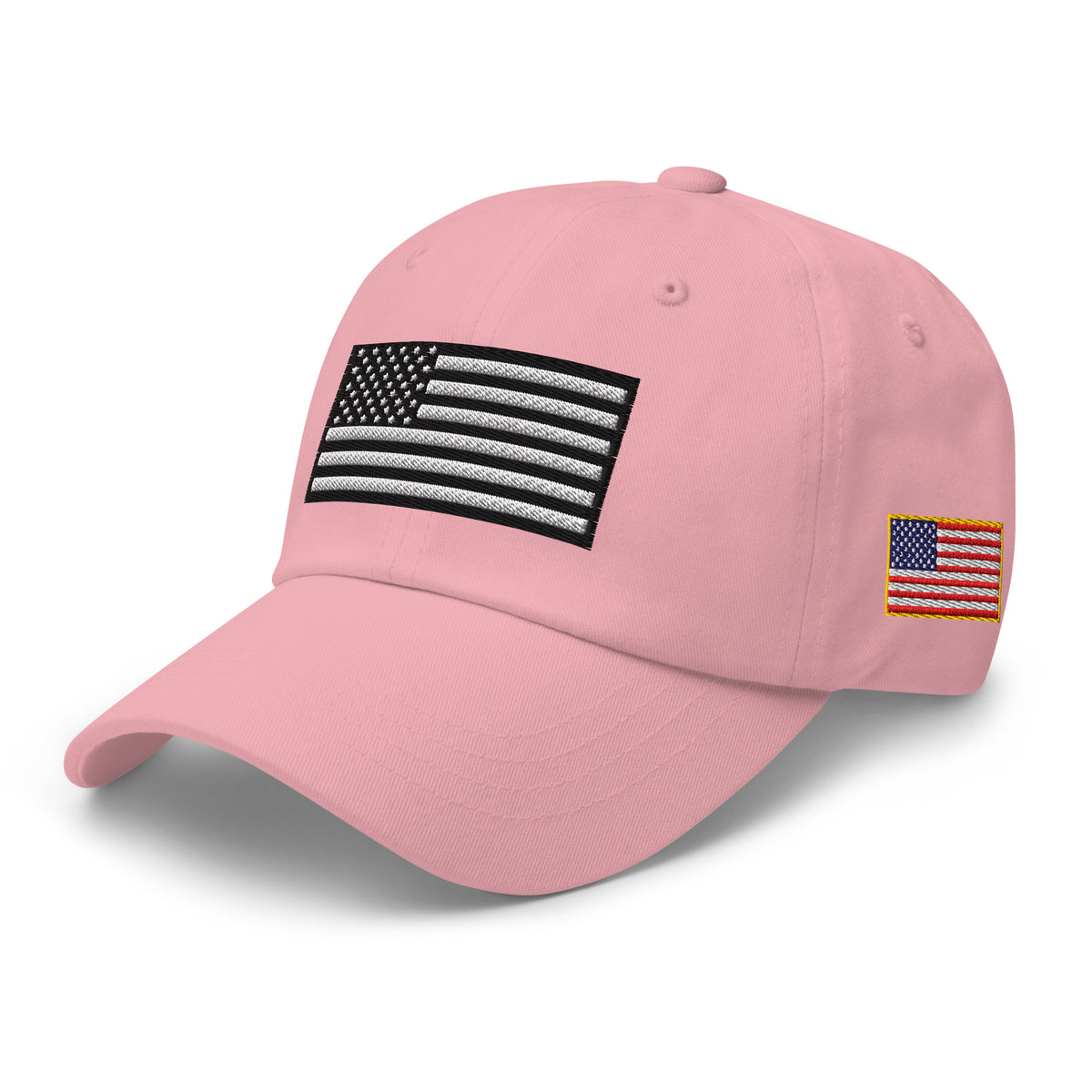 Pink dad hat, left front view with Black and White American Flag embroidery