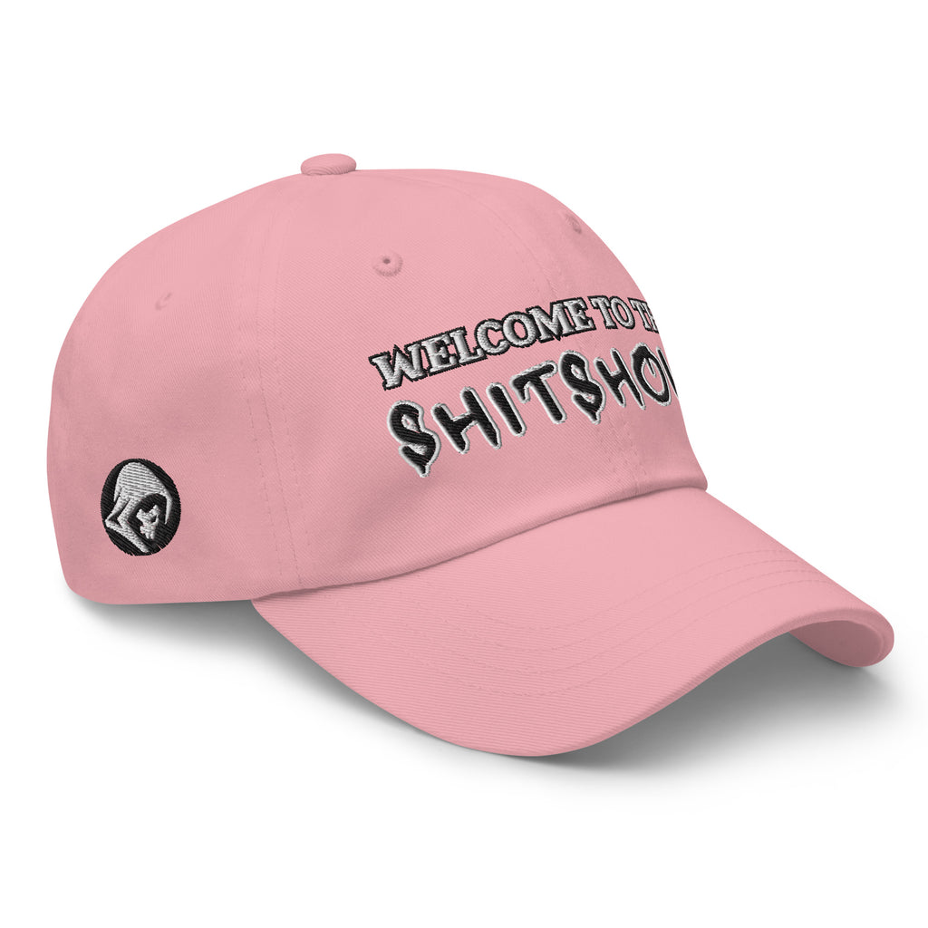 Welcome To The Shitshow Dad hat in Pink, right front view