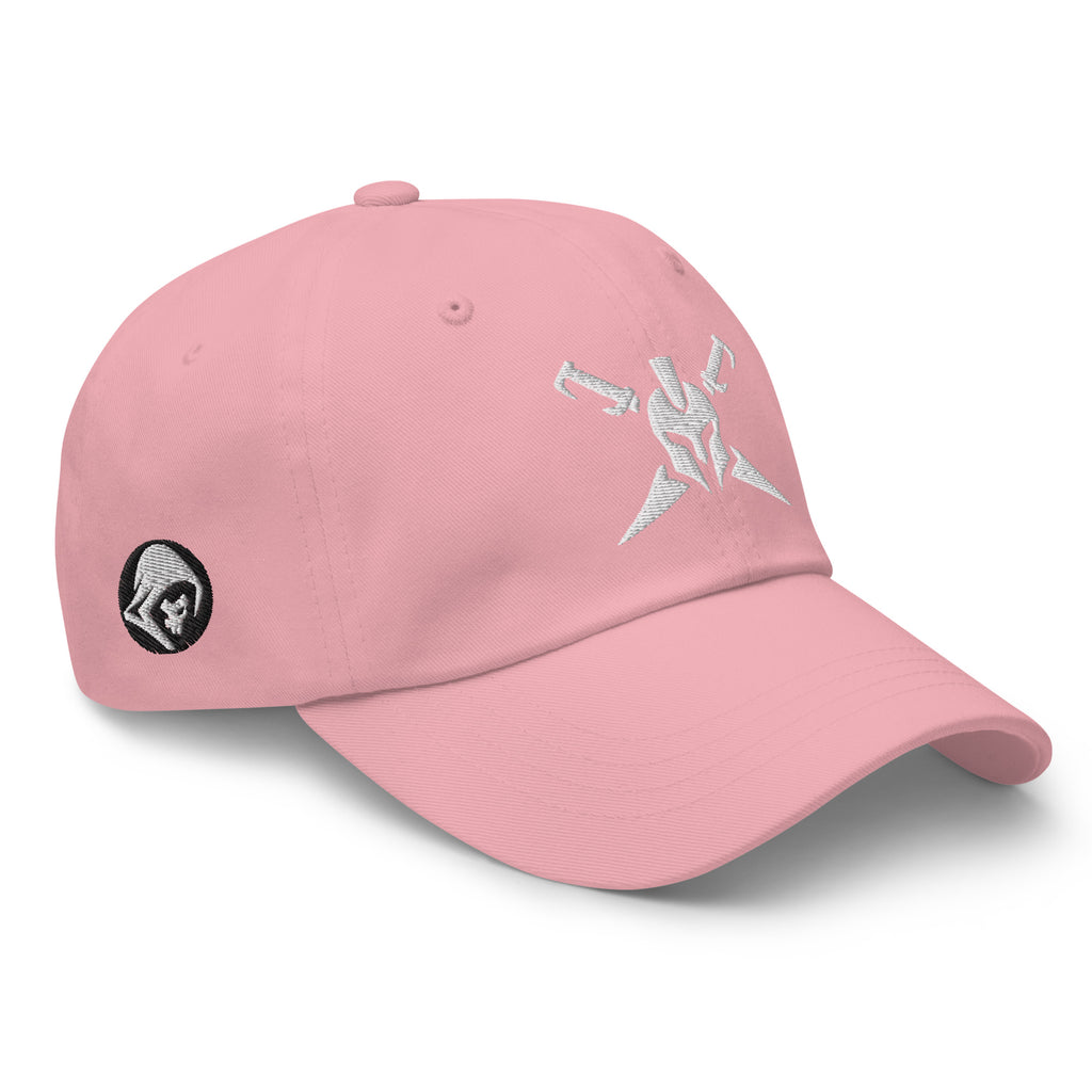 Pink, dad hat, with embroidered Call to Arms, right front view