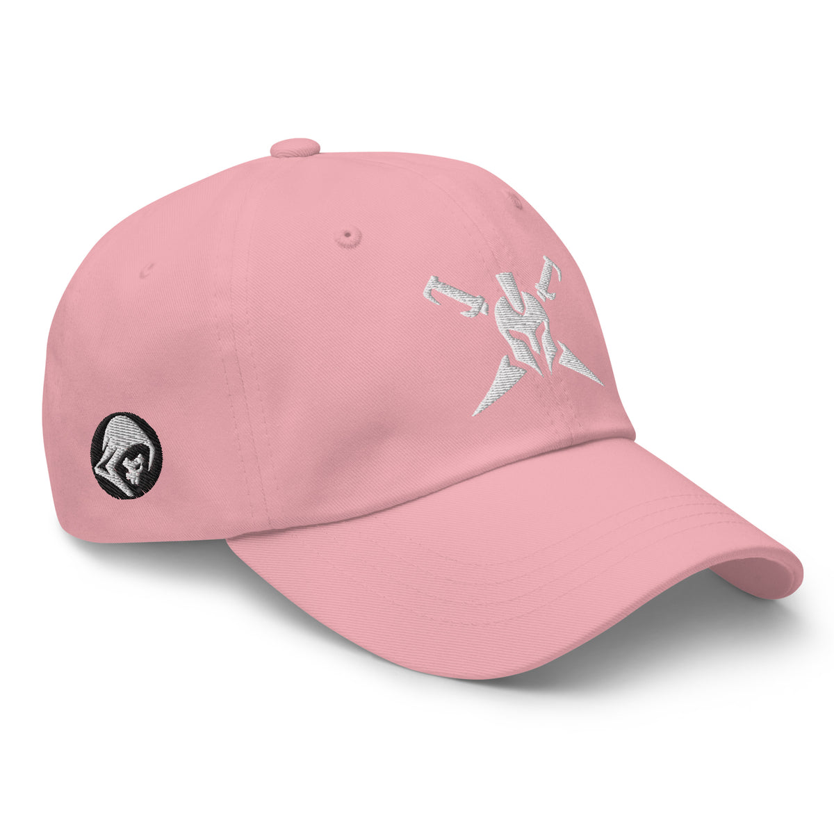 Pink, dad hat, with embroidered Call to Arms, right front view