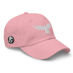 Pink, dad hat, with embroidered patriotic eagle crest, right front view