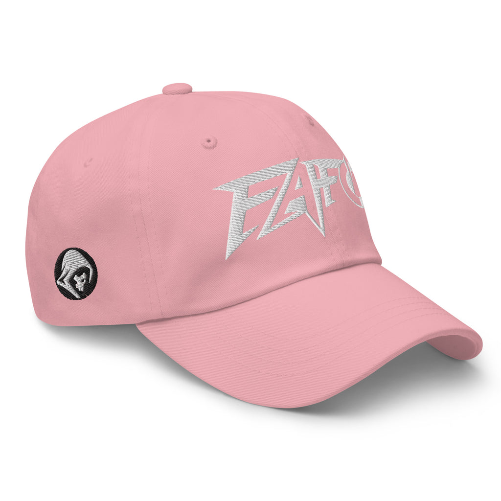 Pink dad hat with embroidered FAFO Power design, right front view