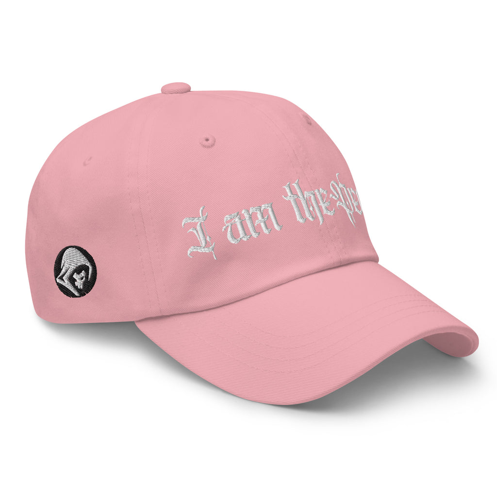 Pink low-profile dad hat with embroidered I Am the People design, right front view