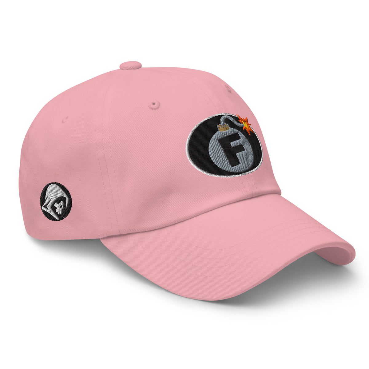 Pink low-profile dad hat with embroidered F-Bomb design, right front view