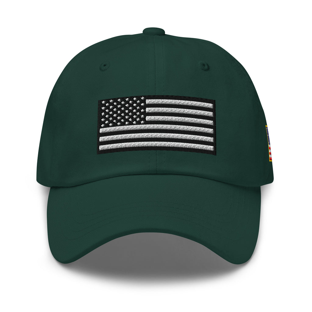 Spruce dad hat, front view with Black and White American Flag embroidery