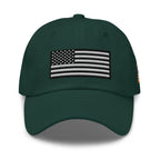 Spruce dad hat, front view with Black and White American Flag embroidery