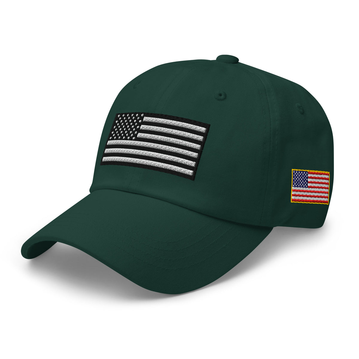 Spruce dad hat, left front view with Black and White American Flag embroidery