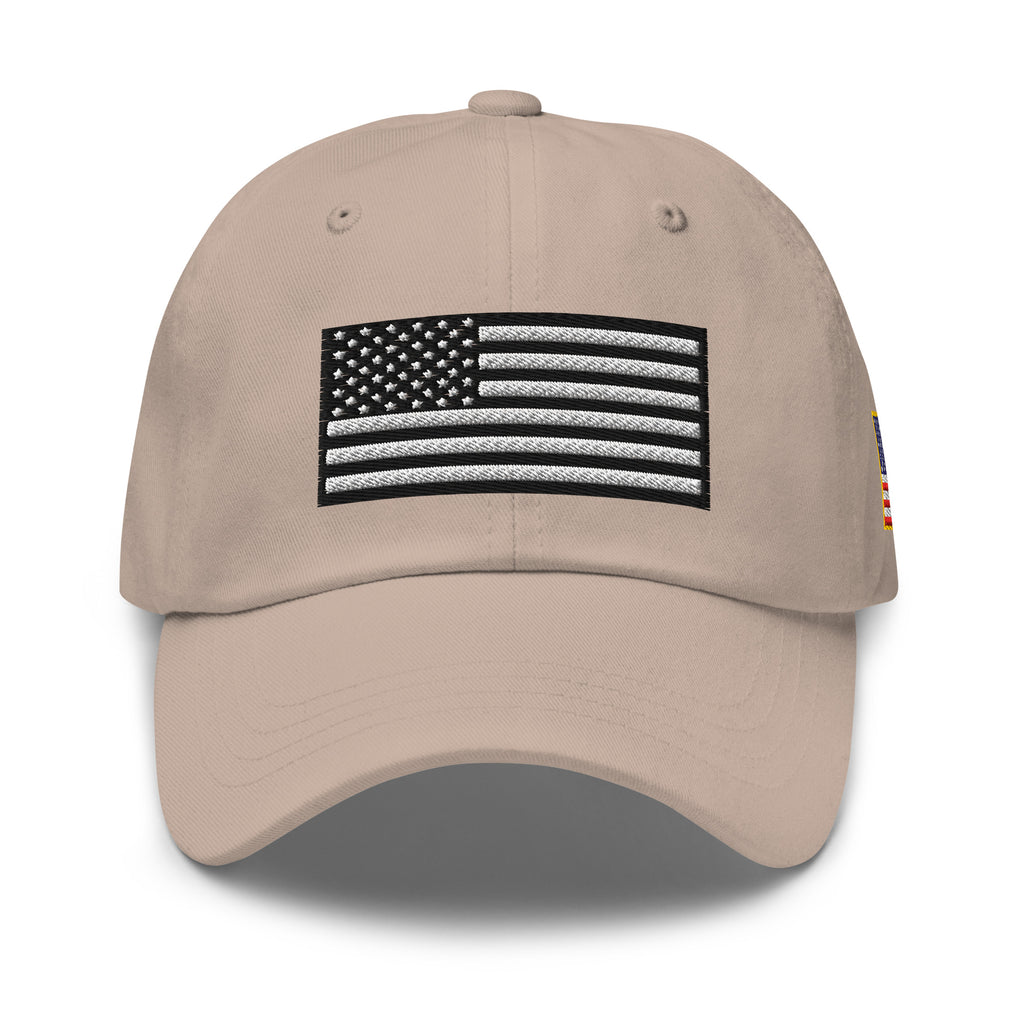 Stone dad hat, front view with Black and White American Flag embroidery